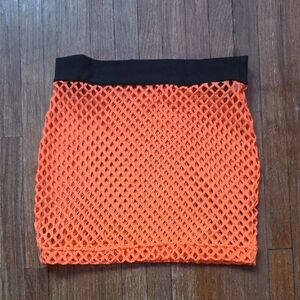 Neon Orange Fishnet Mini Skirt with Black Waistband